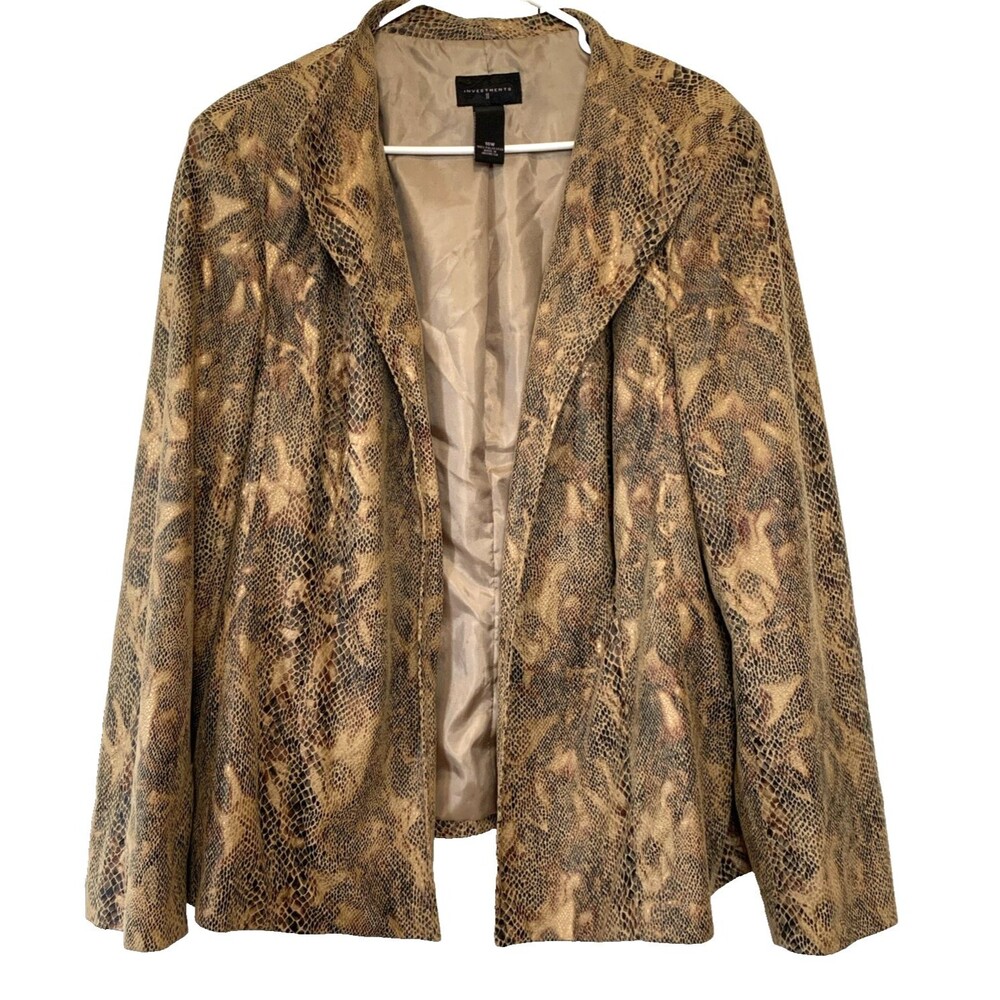 Investments II Womens Brown Snakeskin Print Open Front Blazer Jacket Plus 18W